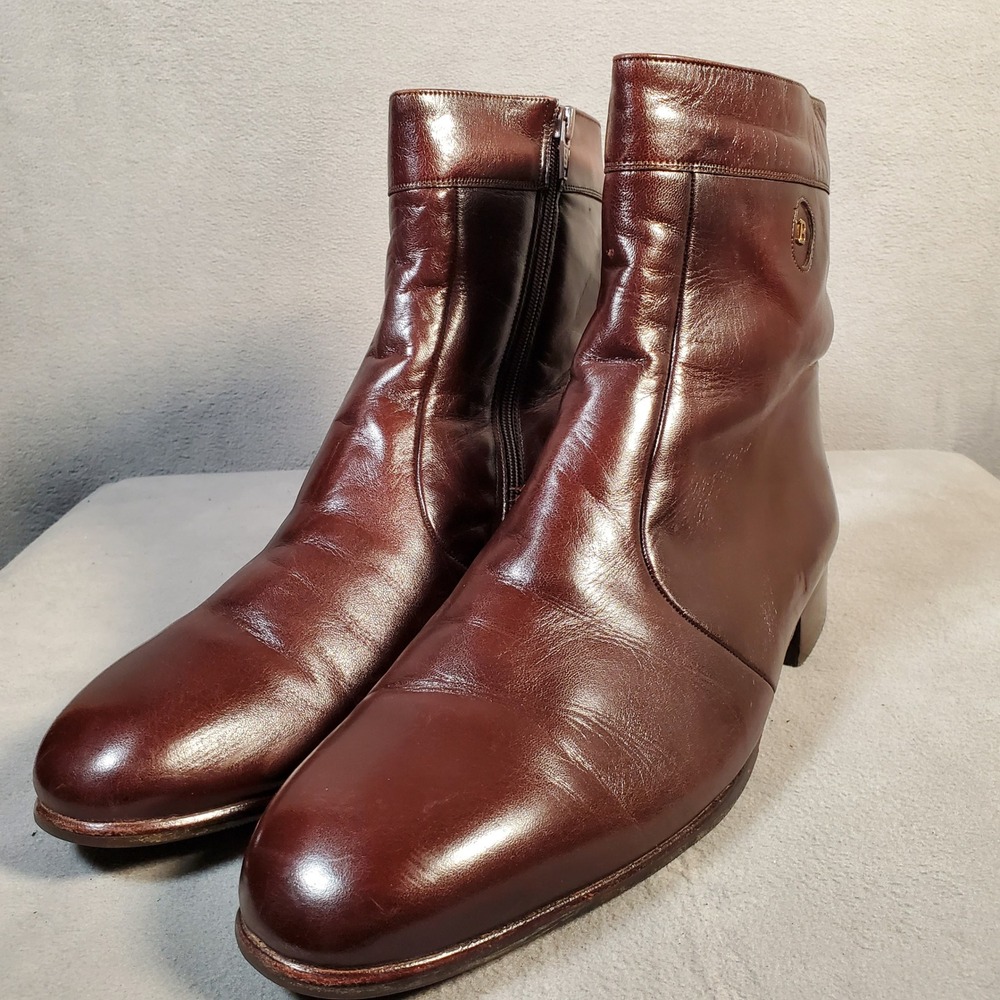 Vintage Bally Ankle Boots Mens 10.5 Brown Leather Side Zip Fur Lined Luxury Mod
